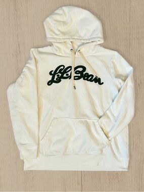 L.L. Bean Cream Hoodie with Dark Green Script Logo Woman Size XL